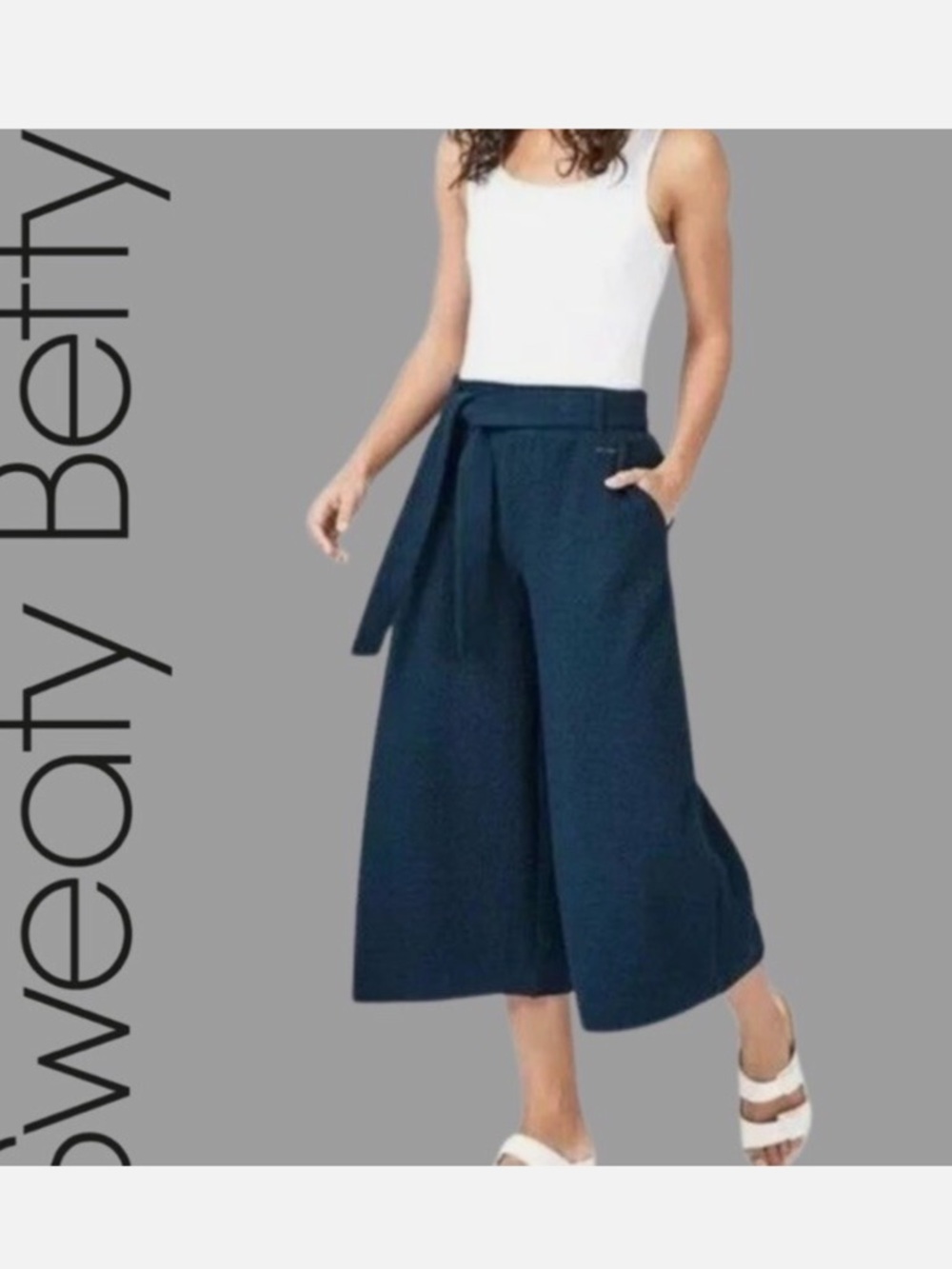 Wide Leg Textured Belted Pants - Navy